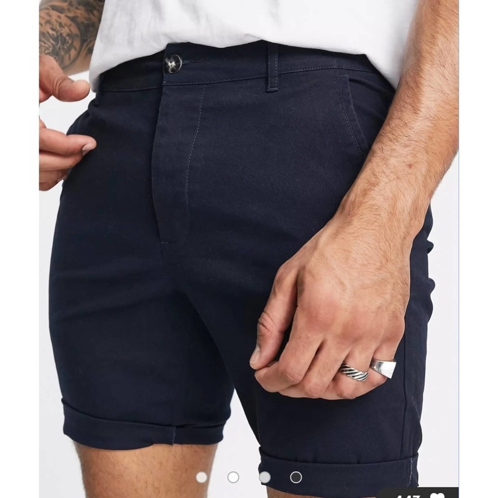 Asos Design NEW Button Fly Skinny Chino Shorts in Navy Blue 38 Waist - Picture 7 of 7